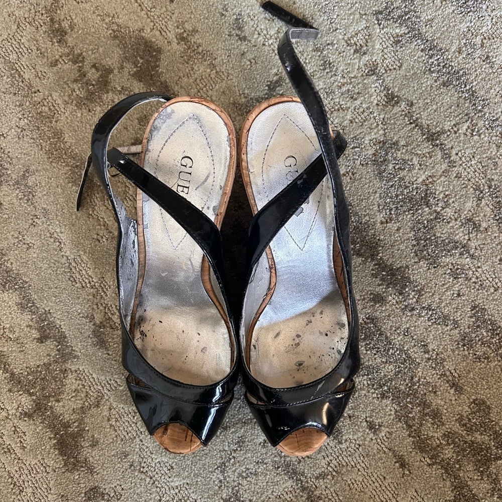 Guess Black Patent Leather Peep Toe Heels
